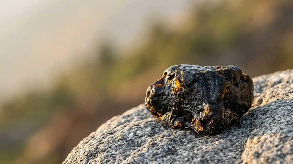 Trozo de resina de shilajit puro sobre una piedra de granito