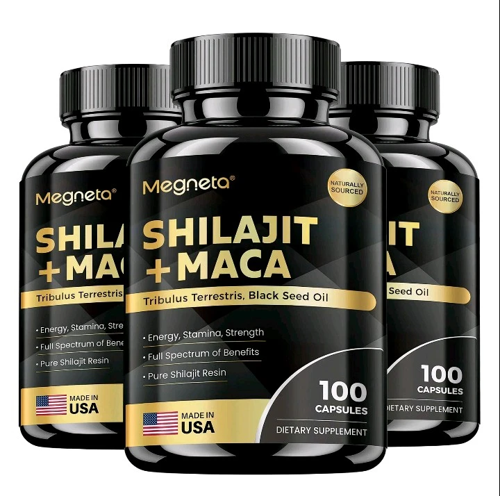 Frascos de suplemento de shilajit en presentación de cápsulas