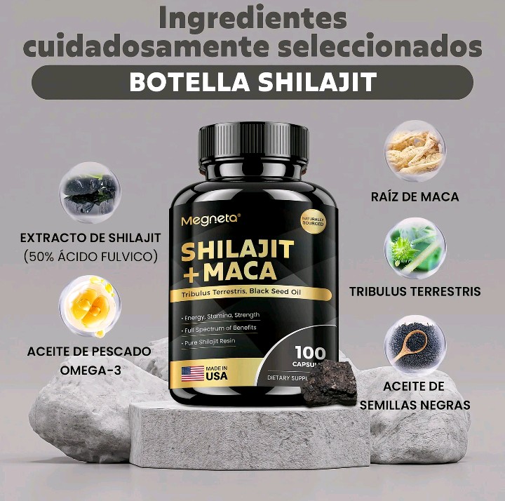 Ingredientes del suplemento de shilajit: extracto con ácido fúlvico, maca, tribulus terrestris, omega-3