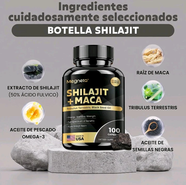 Ingredientes del suplemento de shilajit: extracto con ácido fúlvico, maca, tribulus terrestris, omega-3